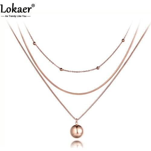 Lokaer Bohemia Titanium Stainless Steel Three-layer Round Ball Choker Necklaces Jewelry Pendant Chain Necklace For Women N19081