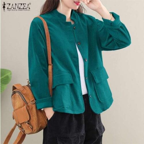 ZANZEA Womens Corduroy Coats 2021 Spring Vintage Female Long Sleeve Side Pockets Outwear S-5XL Casual Single Breasted Jackets