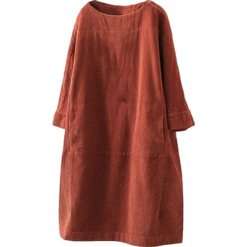 Hot Women Solid Color Long Sleeve O Neck Corduroy Pockets Plus Size Loose Midi Dress O Neck Pockets Plus Size Loose Midi Dress