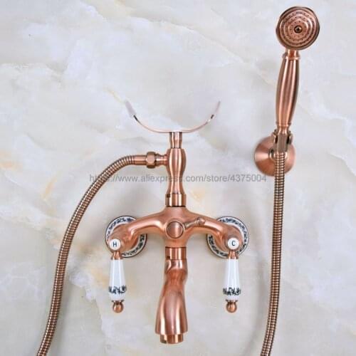 Antique Red Copper Wall Mounted Bathroom Clawfoot Bathtub Faucet & Hand Shower Basin Sink Mixer Tap Nna368
