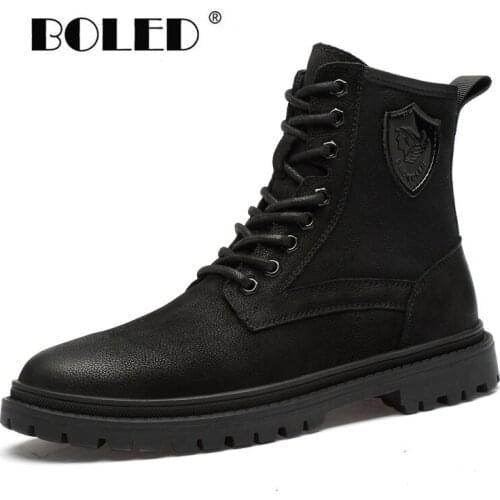 Plus Size Natural Leather Men Boots Lace Up Plush Warm Outdoor Ankle Snow Boots Shoes Round Toe Quality Autumn Winter Shoes Men