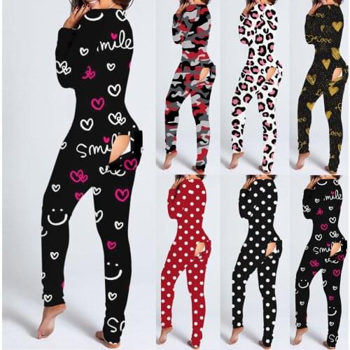 Onesie Women Fashion Love Heart Print Button Women Jumpsuit Sexy V-Neck Winter Long Sleeve Pijamas Valentines Day Gift Sleepwear