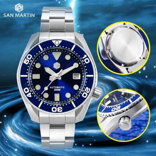 San Martin Diver Luxury Watch Men Automatic Mechanical Watch Sapphire Ceramic Bezel BGW-9 Blue Light Luminous 120 Clicks Watches