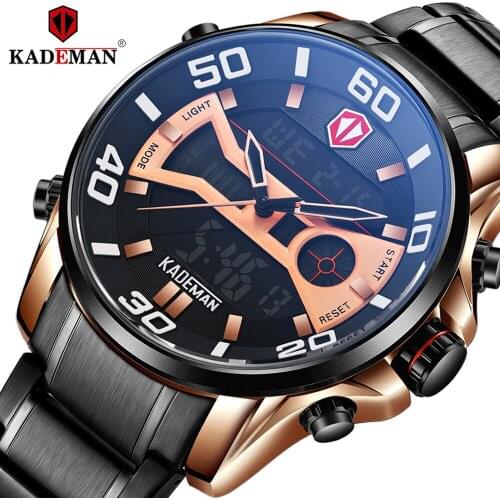 KADEMAN Brand Luxury Rose Gold Steel Men Sport Watch Quartz Digital Mens Watches Waterproof Army Military Men Led Wristwatch