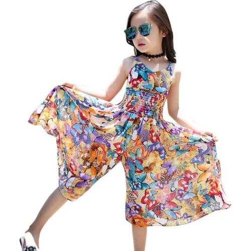 Childrens Sling Dress Girls Summer Broad-legged Pants flower printing high waist Bohemian Jumpsuits Dress girls beach dresses