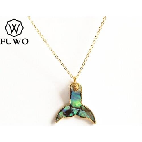 FUWO Natural Seashells Mermaid tail Necklace with Gold Trimmed Carved abalone Shell Beach Pendant Jewelry Gift NC521