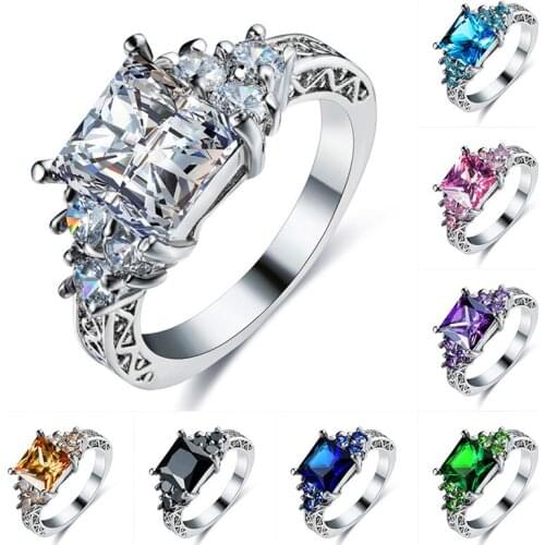 Classic Female Blue Crystal Stone Ring Charm Hollow Rainbow Wedding Rings For Women Vintage Bridal Square Engagement Ring