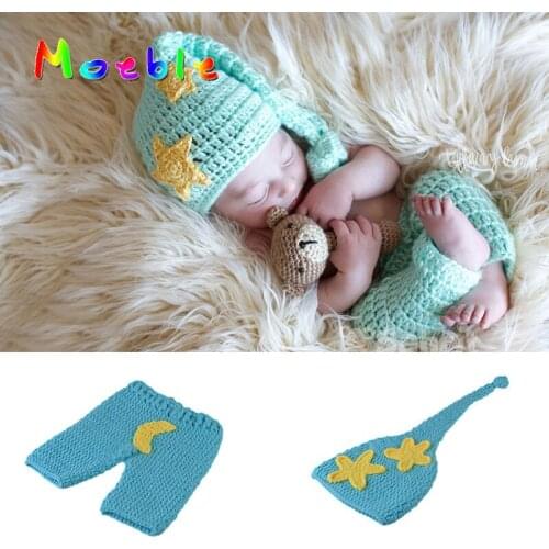 Crochet Baby Star Moon Photo Props Set Knitted Baby Hat Pants Set For Photo Newborn Baby Coming Home Outfit Costume MZS-16083