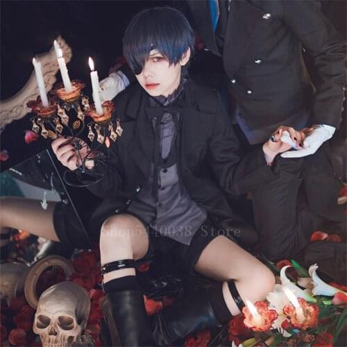 Anime Black Butler Cosplay Costume Adult Halloween Costume Ciel Phantomhive Black Outsuit Vintage Noble Gothic Style Demon Suit