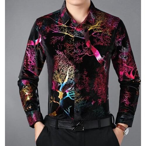Creative bright color exquisite bronzing printing long sleeve shirt Autumn 2018 high-quality gold velvet luxury shirt men M-XXXL