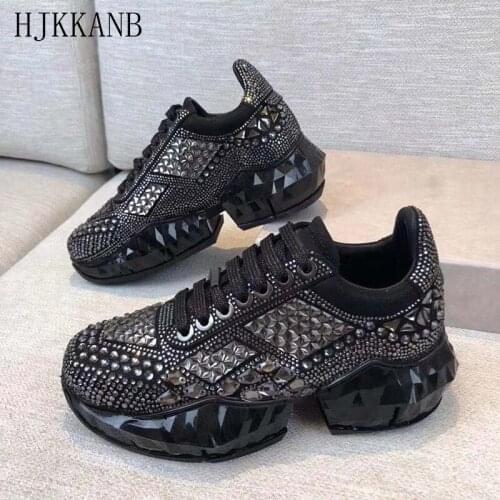 New Genuine Leather Thick Sole Increase Shoes Women Luxury Crystals Decoration Fashion Sneakers Platform Lace Up Old Daddy Shoes