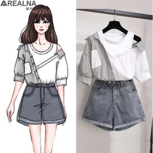 Summer korean two pieces set women Fake two pieces striped off shoulder tops blouse + denim shorts 2 piece sets womens outfits