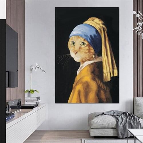 Cute Cat and Girl Gold Canvas Paintings Posters and Print Wall Art Pictures Modern Cuadros Canvas Prints for Room Decoration