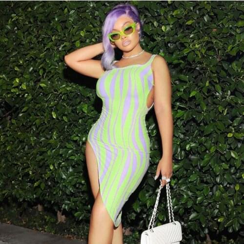 DSMTRC Women Fashion Summer Sleeveless Striped Printed Bodycon Package Hip Dress Sundress 2021 Female Clothing Streetwear