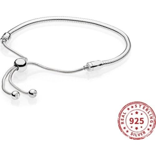 Real 925 sterling Silver Beads Pandola Moments Snake Chain Slider Bracelet bead charm Women Bracelet Jewelry