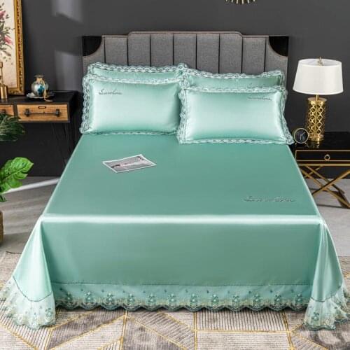 2020 new products Ice silk embroidery Bed spread Fitted Sheet Pillowcases 2/3 pcs Solid lace Bedding
