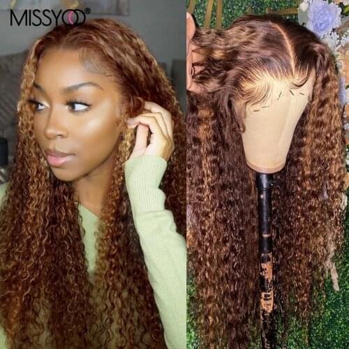 Ombre Deep Wave Frontal Wig Honey Blonde Transparent Lace Wigs Curly Lace Front Human Hair Wigs T Part Highlight Deep Wave Wig