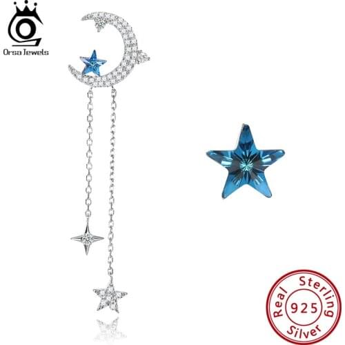 ORSA JEWELS Stylish Star and Moon Crystal Drop Earrings for Teen Fashion Women Silver 925 Asymmetry Earrings Jewelry SWE13
