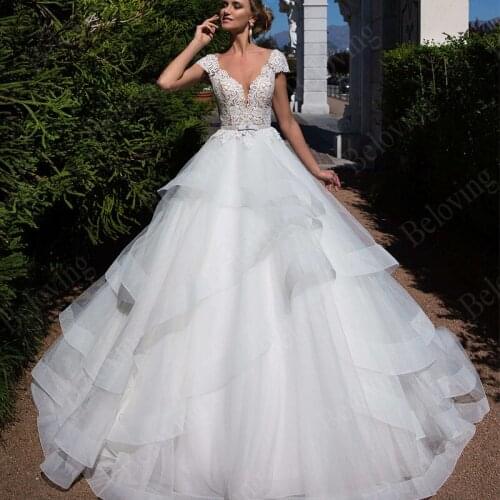 Princess Ruffles Wedding Dresses with Chic Cap Sleeves Newest Sexy Sheer Back Bride Dress Lace Appliques Bridal Gowns Vestidos