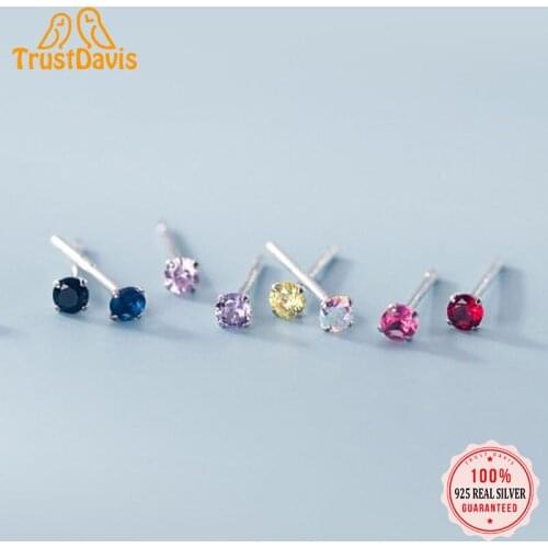 Trustdavis Real 925 Sterling Silver Fashion minimalist Mini Colour CZ Charm Stud Earrings For Women Wedding Party Jewelry DA1158