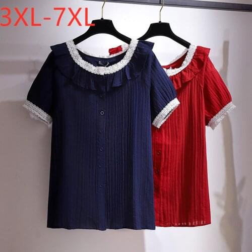 New 2021 Ladies Summer Plus Size Tops For Women Large Blouse Short Sleeve Loose Casual Lace Cotton Button Shirt 4XL 5XL 6XL 7XL