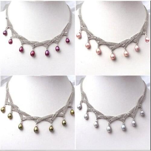 17'' 43cm Women Jewelry 8mm purple pink green gray white pearl pendant weave silver chain necklace Real freshwater pearl