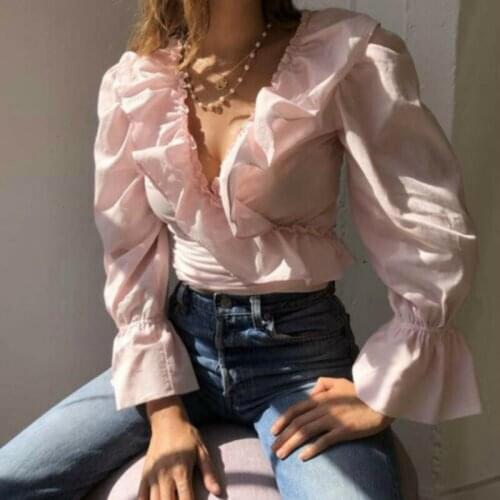 Womens Ruffles Solid Color Long Puff Sleeve Deep V-Neck Slim Cropped Blouse Spring Autumn Casual Tops 2020 Newest Trendy