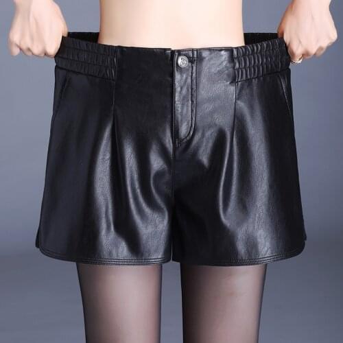 Elastic Waist Women Leather Shorts Elegant Fashion High Waist Shorts A-line Bottoms Wide-legged Autumn Winter Shorts 2020 New