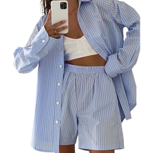 2021 Summer Fresh Women Suit Set Female Striped/ Plaid Turn-Down Collar Long Sleeve Shirt+ Short Pants for Summer, S/M/L/XL