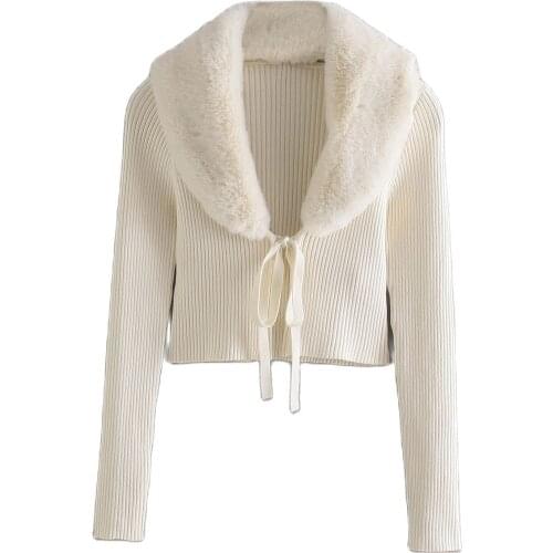 Women New Sweet Fur Collar Splicing Knitting Sweater Female Lace Long Sleeve Cardigan Chic Top