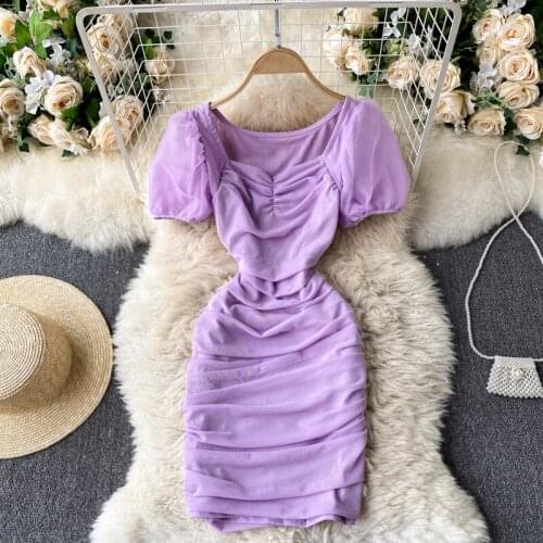 Foamlina New Fashion Ruched Sexy Bodycon Mini Dress Women Short Sleeve Square Collar Party Vestido Slim Stretch Night Club Dress