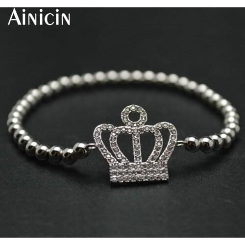 10pc High Quality Silver Plated Copper 4mm Round Beads Zircon Cubic Stone Beads Setting Crown Charms Strand Women Bracelets