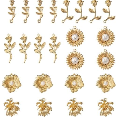 20-24Pcs Metal Flower Shape Pendants Dangle Charms Light Gold Color for DIY Bracelet Necklace Jewelry Crafts Making