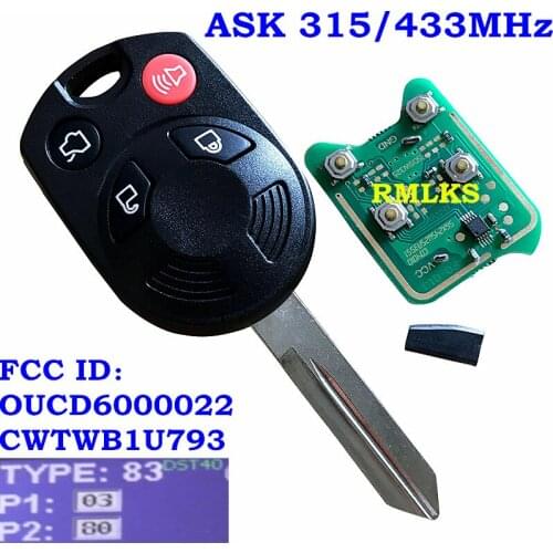 New 4 Buttons Remote Head Key Combo For Ford 4D63 80 Bit Chip Keyless Fob Transmitter HA OUCD6000022 /CWTWB1U793 315/433Mhz