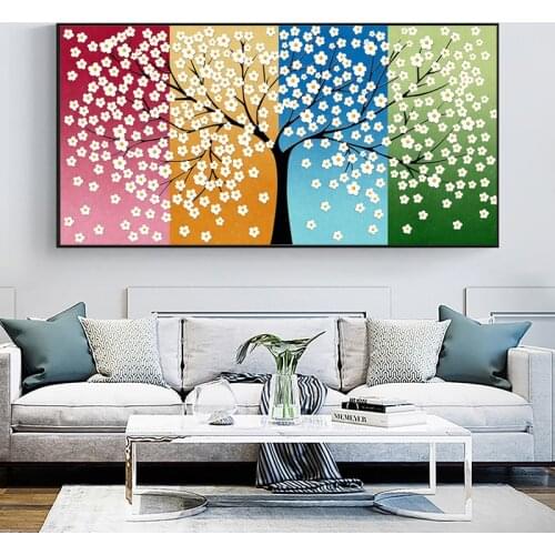 Abstract Small White Flowers Art Painting Modern Tree Plant Wall Art Canvas Pictures Wall Oil Painting for Living Room Decor