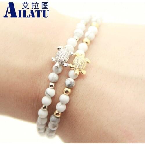 Ailatu Wholesale Tortoise Cz Bracelet 4mm Natural White Howlite Stone and Stainless Steel Beads Exquisite Couple Jewelry