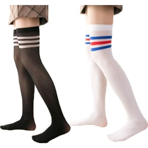 Women Girl Black White Skinny Stockings Over Knee Thigh High Sexy Stocking Casual Pantyhose Long Socks