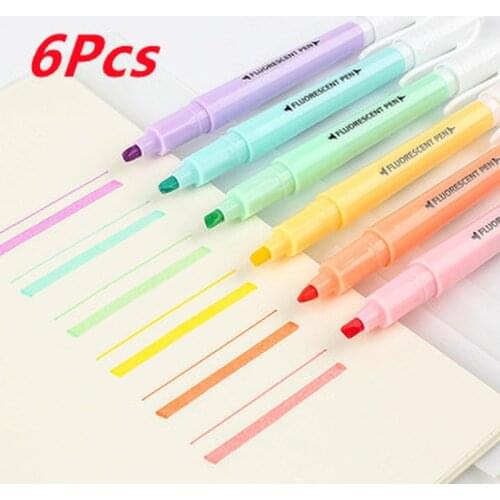 6Pcs/Set Double Head Fluorescent Highlighter Pen Markers Pastel Drawing Pen for Student School Office Supplies Cute Stationery