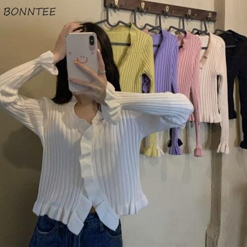 Cardigan Women Autumn New Collection Slim Trendy All-match Casual Cozy Flare Sleeve V-neck Ruffles Design Femme Knitted Clothes