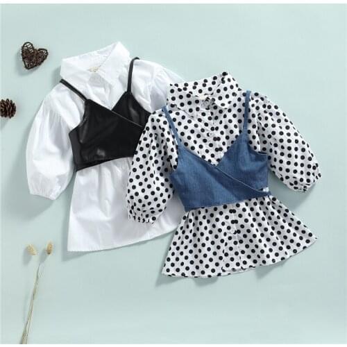 Toddler Girls 2Pcs Spring Fall Outfits, Long Sleeve Button Down Lapel Shirt Dress + Tie Up Wrap Camisole Set, 1-5Years