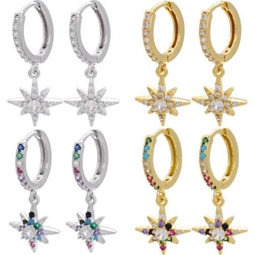 Korean Fashion Charms Earrings for Women Bijoux Femme Eight-pointed Star Colorful Zircon APair of Octagonal Pendientes Colgantes