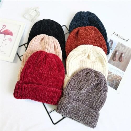 Chunky striped Beanies Hats Winter Women girl Thick Warm Soft Corduroy Knitted Hat Skullies Cap Curled Skullcap Ski Sport