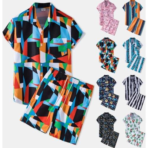 Summer Hawaiian Mens Printing Set 2-piece Beach Sets Short Sleeve Blouse Shorts Pants Casual Floral Shirt 2021 New