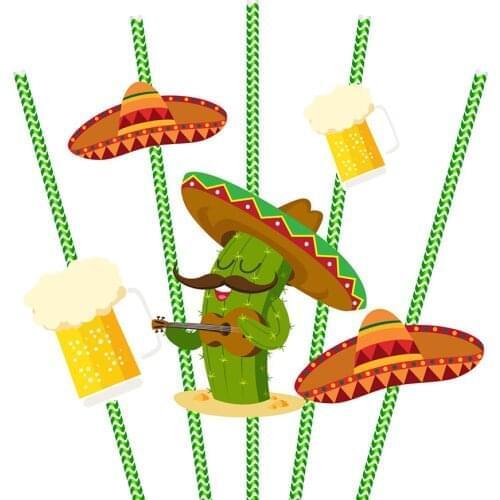 Mexico Party Disposable Straws Cinco de Mayo Party Decoration Carton Cactus Paper Straws Cocktail Drinking Straws Party Supplies