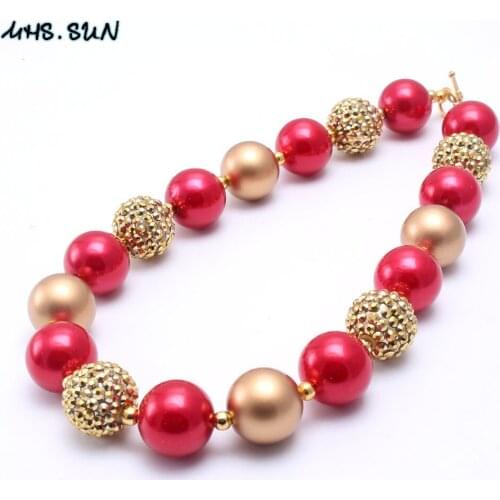 MHS.SUN 2PCS Gold+Red Color Beads Chunky Necklace Christmas Girls Children Bubblegum Beads Chunky Necklace Kids Baby Jewelry
