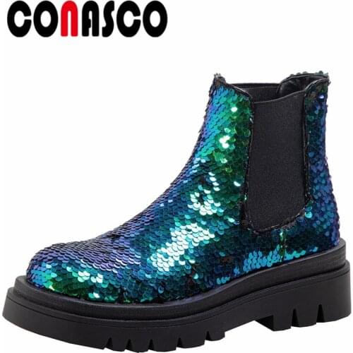 CONASCO 2021 Fashion Women Ankle Boots Autumn Winter Warm Cow Leather Night Club Party Basic Prom Office BlingBling Shoes Woman