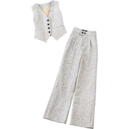 Fashion suit female winter and autumn New high quality Herringbone wool vest + high waist wide leg pants Two-piece suit women