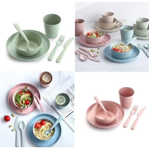 6PCS Wheat Straw Tableware Set Chirldren Adult Spoon Fruit Fork Cup Salad Soup Bowl Plate Dishware Kitchen Reusable Household