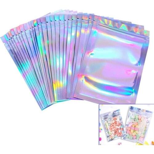 100pcs Flat Bath Salt Cosmetic Bag One Side Clear Holographic Mini Aluminum Foil Zip Lock Bags rainbow film sealed bag