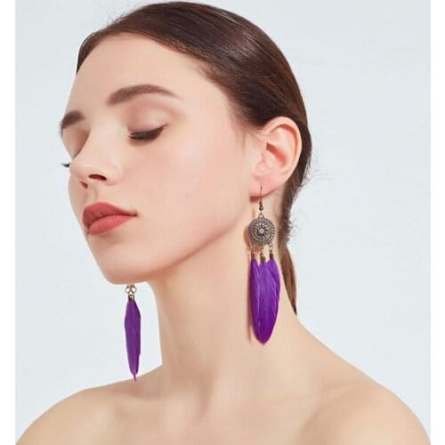 Popular Retro purple Lake blue Sun Flower Earrings Fashion Feather Tassel Dangle Earrings for Women Girl Jewelry Wedding